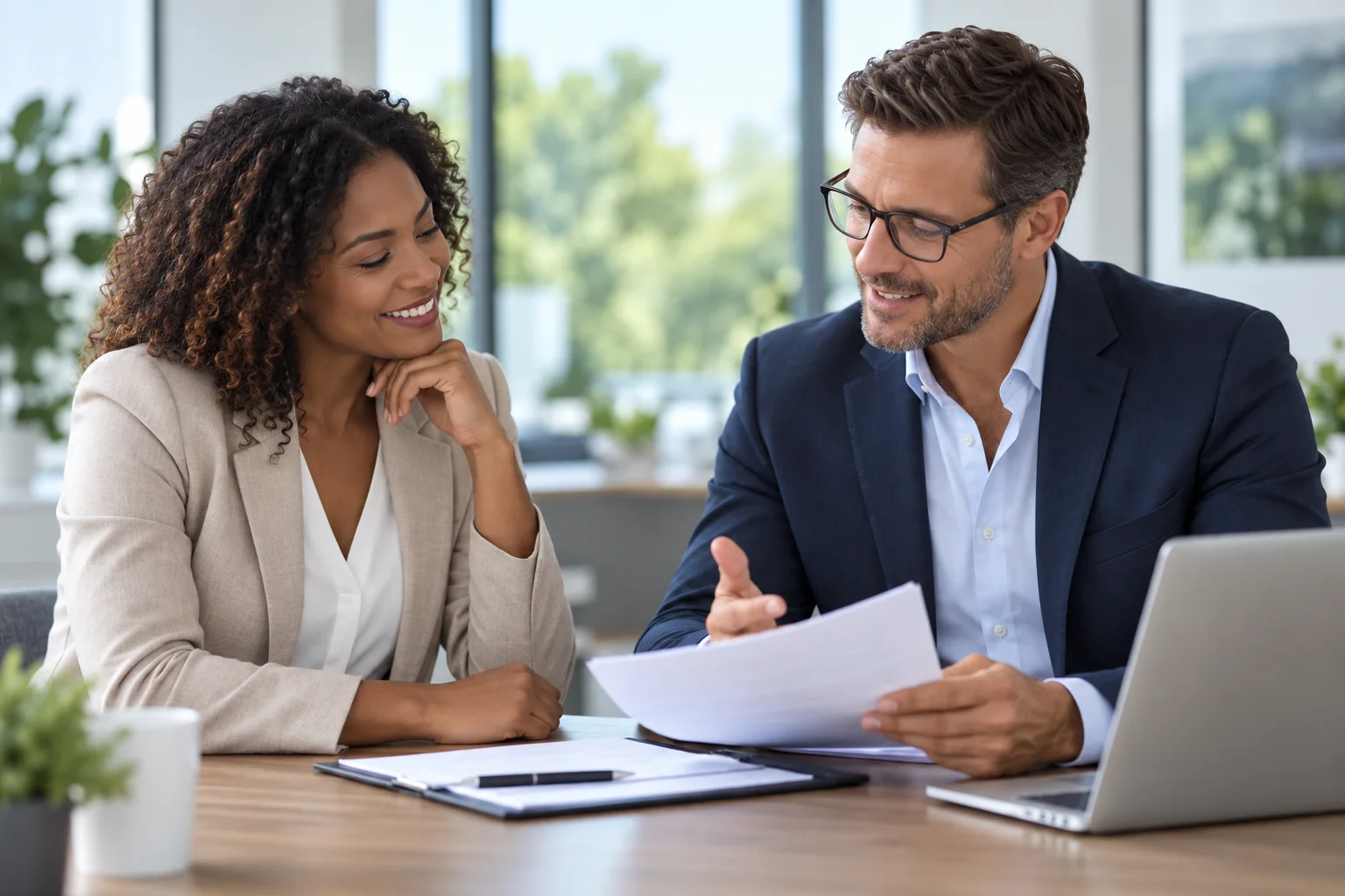 Insurance professionals reviewing documents together in a bright office